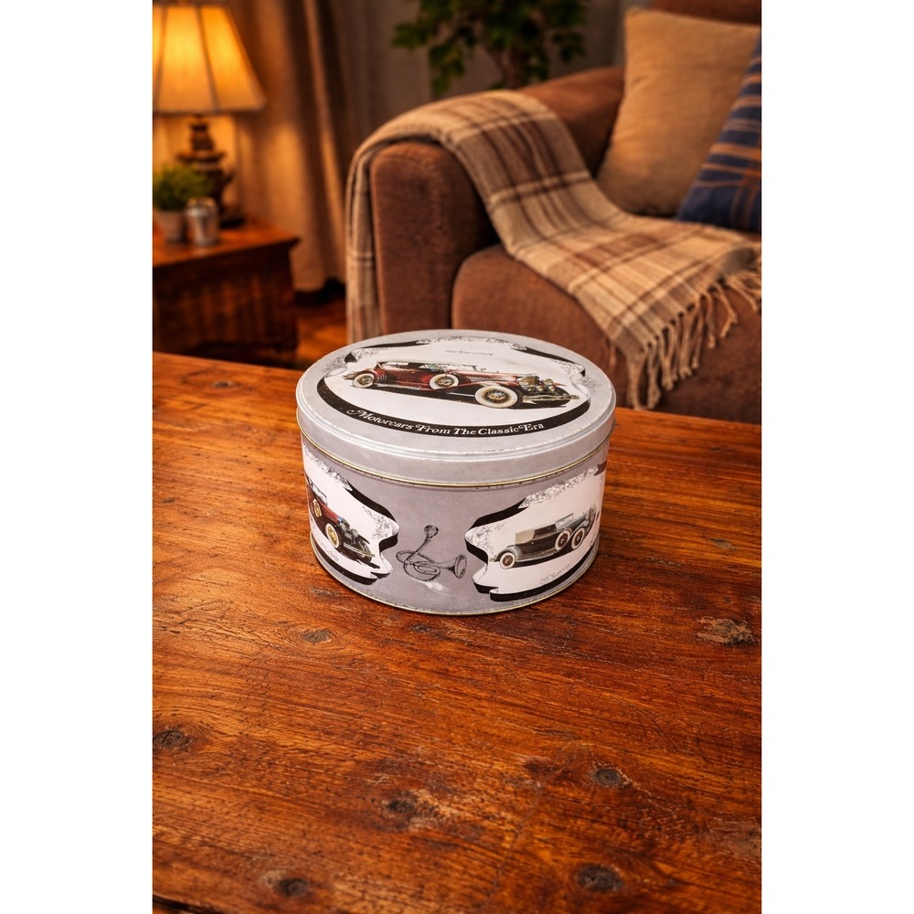 Vintage Classic Car Cookie Tin Empty Round Metal Motorcars from the Classic Era